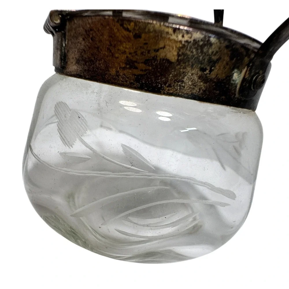 Antique Etched Glass Jam Jar Silver Plate Hinge Lid Handle Victorian condiment